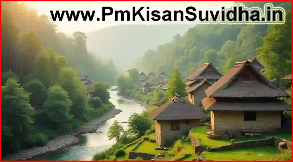 पाटखेड विदर्भ गावाचे निसर्गरम्य दृश्य, हिरवेगार शेत, नदी आणि पारंपरिक कौलारू घरे