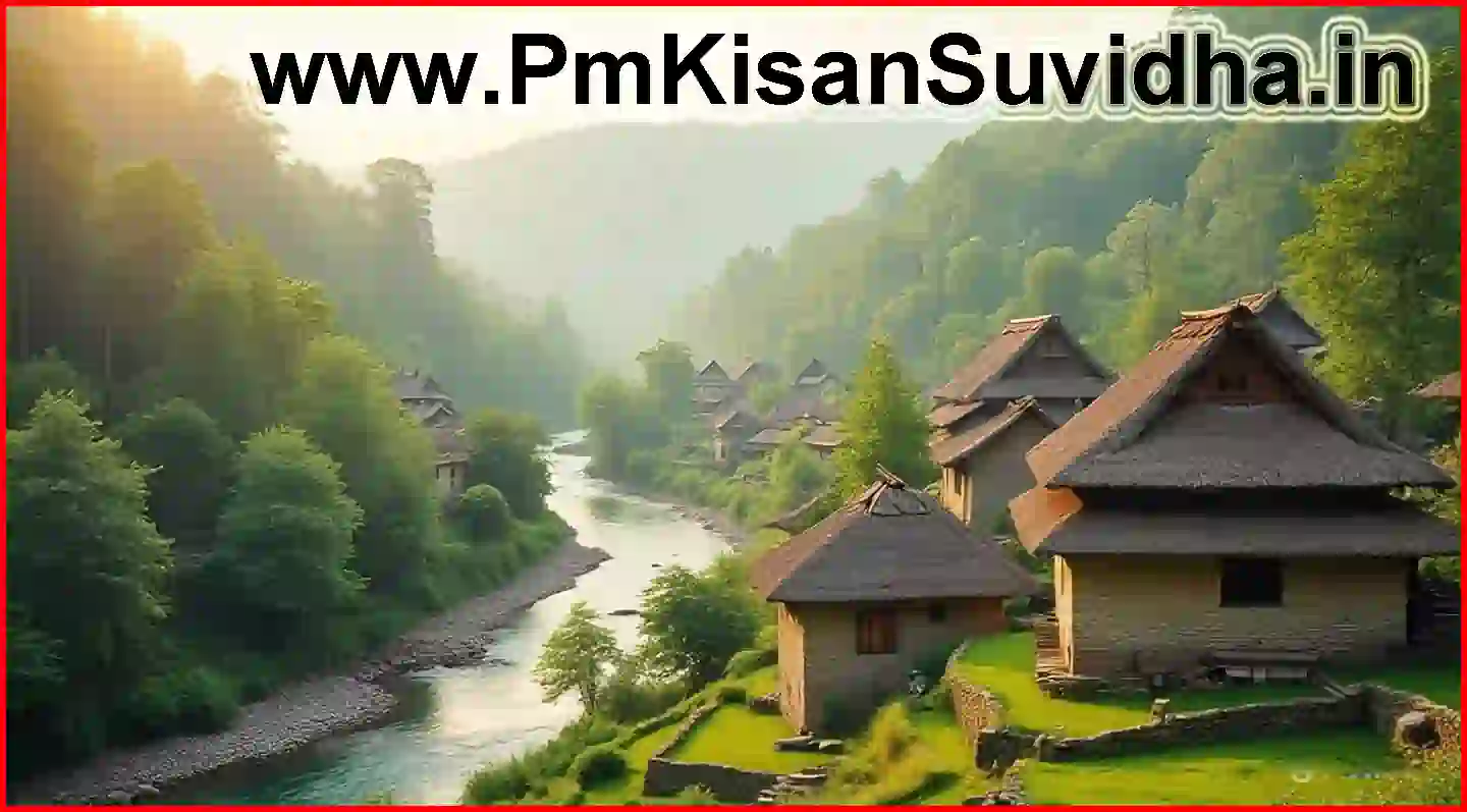 पाटखेड विदर्भ गावाचे निसर्गरम्य दृश्य, हिरवेगार शेत, नदी आणि पारंपरिक कौलारू घरे