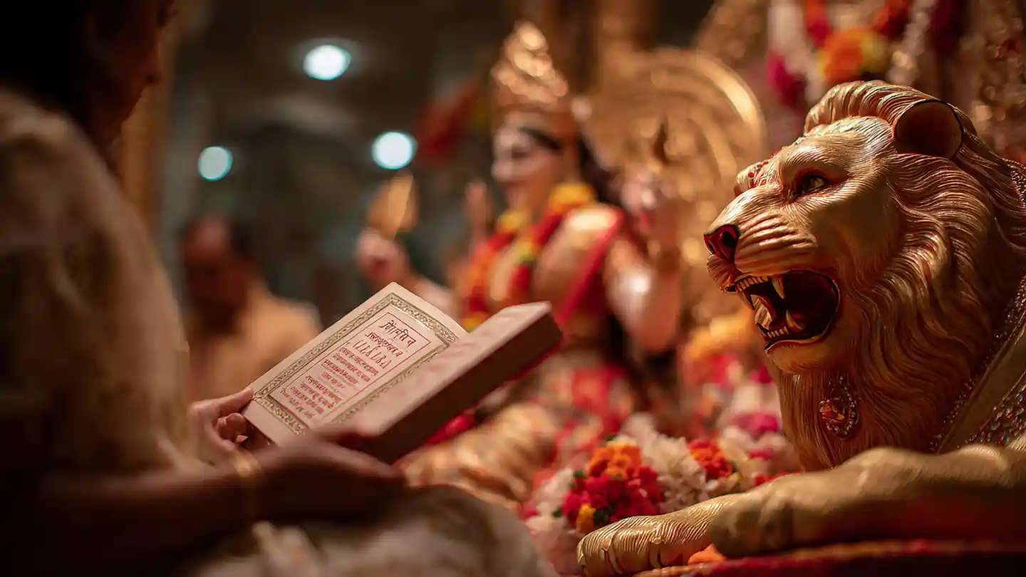 Devotee reciting Durga Chalisa in front of Goddess Durga idol during Navratri.